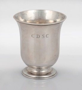 An 18th century CHANNEL ISLANDS silver wine beaker by PHILIPPE Le VAVASSEUR dit DURREL of Jersey, circa 1740, engraved "C.D.S.C.", 8cm high, 77 grams