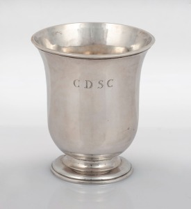 An 18th century CHANNEL ISLANDS silver wine beaker by PHILIPPE Le VAVASSEUR dit DURREL of Jersey, circa 1740, engraved "C.D.S.C.", 8cm high, 77 grams