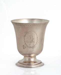 HESTER BATEMAN of London18th century CHANNEL ISLANDS Jersey style silver wine beaker, circa 1784, engraved with cockerel crest, 9cm high, 122 grams