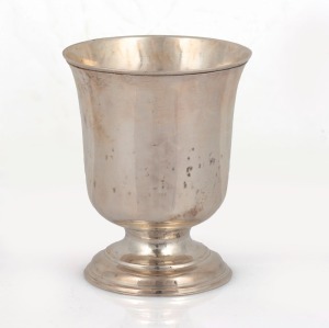 An antique CHANNEL ISLANDS silver wine beaker by unknown maker "E.D." of Jersey, 18th/19th century, engraved on the base "T.M.R.", 9.4cm high,108 grams