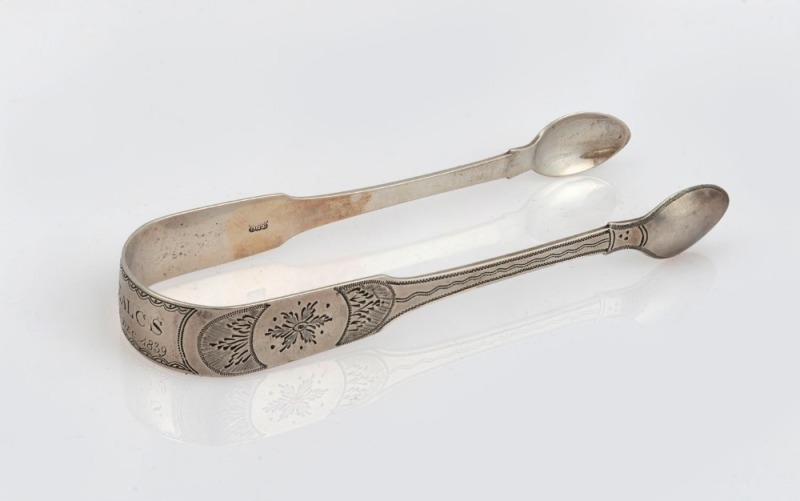 Antique early 19th century CHANNEL ISLANDS bright cut silver sugar tongs by T. DE GRUCHY & J. LE GALLAIS of Jersey, circa 1839, engraved "ELACS. 18 Dec. 1839.", 15cm long, 43 grams