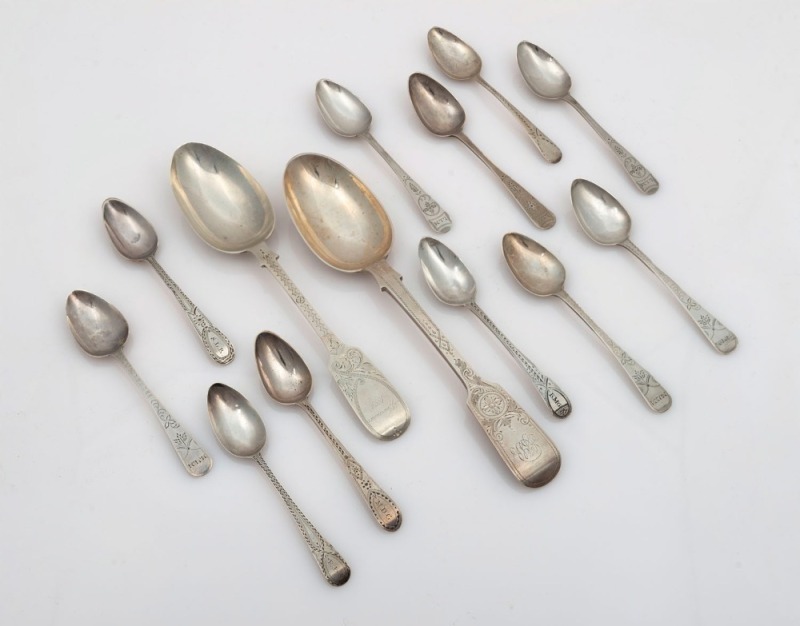 Assorted antique CHANNEL ISLANDS bright cut silver teaspoons and serving spoons, 19th and 20th century, (13 items), makers include JOHN LE GALLAIS, JEAN LE PAGE, and some London made over-stamped examples, the largest 23cm long, 270 grams total