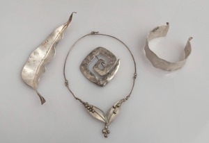 Australian contemporary silver bangle, gum leaf brooch by GUDRUN KLIX, Modernist brooch, and choker decorated with gumnuts and leaves, (4 items), the gum leaf brooch 16.5cm wide, 136 grams total