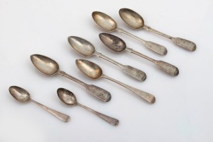 Eight assorted antique silver teaspoons, the largest 14cm long, 150 grams total