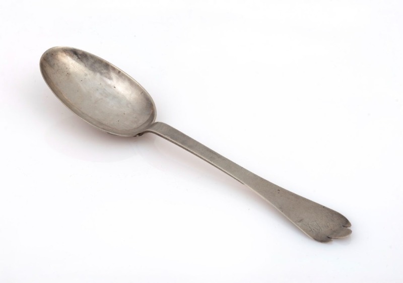 An 18th century CHANNEL ISLANDS silver trefid spoon by THOMAS CARTAULT of Jersey, circa 1720, engraved "I.C.T.", 18cm long, 28 grams