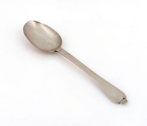 An 17th/18th century CHANNEL ISLANDS silver trefid spoon stamped "C.I." or "G.I.", most likely from Jersey, circa 1700, engraved "G.L.B.", 19cm long, 38 grams