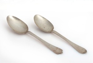 Two 18th century CHANNEL ISLANDS silver trefid spoons by THOMAS MAUGER of Jersey, circa 1730, 17cm and 18cm long, 54 grams total