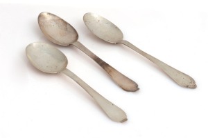 Three 18th century CHANNEL ISLANDS silver trefid spoons by PIERRE AMIRAUX of Jersey, circa 1720, the largest 18cm long, 76 grams total