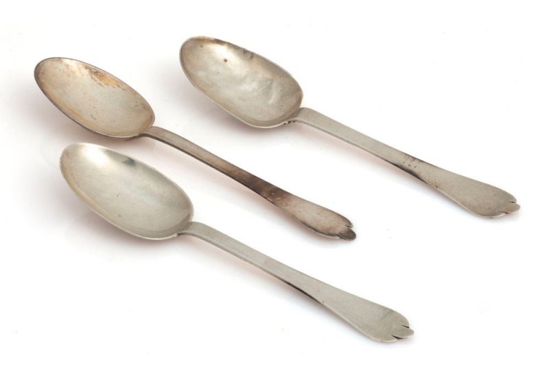 Three 17th/18th century CHANNEL ISLANDS silver trefid spoons stamped "G.S." of Jersey, circa 1700, the largest 18cm long, 126 grams total