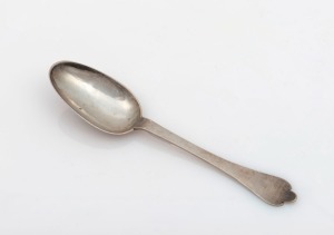 An 18th century CHANNEL ISLANDS silver trefid spoon stamped "I.A." of Jersey, possibly ISAAC d'ARGENT, circa 1710, engraved "T.L.G.", 19cm long, 40 grams