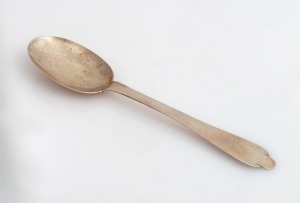 An 18th century CHANNEL ISLANDS silver trefid spoon by THOMAS BOUTON of Jersey, circa 1770s, engraved "S.B..", 17cm long, 26 grams