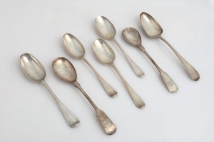 Seven assorted 18th century CHANNEL ISLANDS silver serving spoons and tablespoons, Jersey makers including GEORGE HAMON (2), PIERRE AMIRAUX, (2), THOMAS DE GRUCHY & JEAN LE GALLAIS, plus an unidentified example stamped "L.C." possibly CHEVALIER, ​​​​​​​th