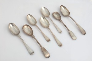 Seven assorted 18th century CHANNEL ISLANDS silver serving spoons and tablespoons, Jersey makers including GEORGE HAMON (2), PIERRE AMIRAUX, (2), THOMAS DE GRUCHY & JEAN LE GALLAIS, plus an unidentified example stamped "L.C." possibly CHEVALIER, the largest 21.5cm long, 316 grams
