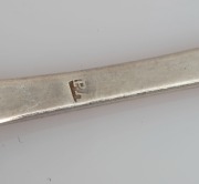 Seven assorted 18th century CHANNEL ISLANDS silver serving spoons and tablespoons, Jersey makers including GEORGE HAMON (2), PIERRE AMIRAUX, (2), THOMAS DE GRUCHY & JEAN LE GALLAIS, plus an unidentified example stamped "L.C." possibly CHEVALIER, ​​​​​​​th - 8