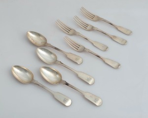 Set four sterling silver knives and forks retailed by CHANNEL ISLANDS silversmith JOHN LE GALLAIS of Jersey, mid 19th century, ​​​​​​​the spoons 18cm long, 382 grams total