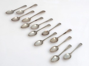 Thirteen assorted antique CHANNEL ISLANDS silver teaspoons, 19th century, the largest 14cm long, 156 grams total