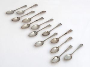 Thirteen assorted antique CHANNEL ISLANDS silver teaspoons, 19th century, ​​​​​​​the largest 14cm long, 156 grams total