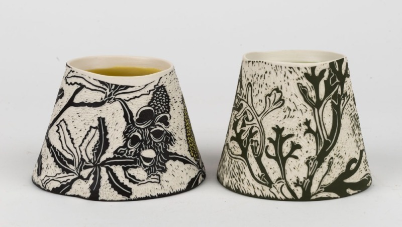 CATHY FRANZI "Flannel Flower"  and "Banksia" two porcelain, engobe, sgraffito and glaze vases both signed "C. Franzi", the larger 10cm high