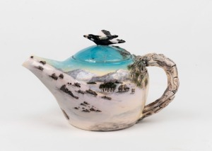 TANYA BECHARA "Teapot #2" pottery example with applied branch handle, hand-painted rural scene and magpie finial, incised "Tanya Bechara, Hop'n Frog Pottery", 11cm high, 19cm wide