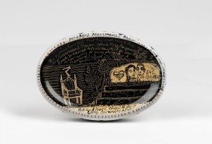 BERN EMMERICHS (1961 - ), "Mr & Mrs Macquarie's Chair"  painted fired ceramic plaque, signed "Bern Emmerichs, 2017", with title, 8.5 x 10.5cm