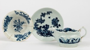 DR WALL WORCESTER antique English blue and white porcelain sugar bowl, creamer and dish, 18th century, (3 items), two with blue crescent mark to base, the dish 12cm diameter