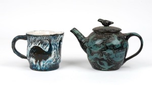 GERRY WEDD pottery teapot and a kangaroo jug, (2 items), both signed "WEDD", ​​​​​​​15cm and 11cm high