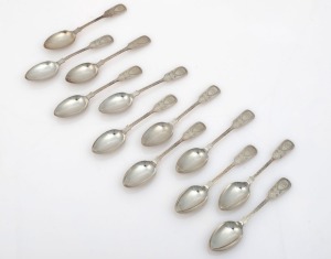 Set of twelve bright cut sterling silver teaspoons by JOHN EDWARD BINGHAM for Walker & Hall of Sheffield, circa 1886, most likely manufactured for the Channel Islands market, 13cm long, 184 grams total