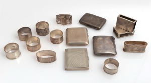 Four assorted sterling silver cigarette cases, two Australian silver match holders, and nine assorted silver napkin rings, 19th/20th century, (15 items), 610 grams total