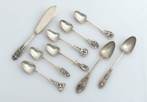 LINTON of Perth set of six Australian silver coffee spoons, two teaspoons, and a pâté knife, all decorated with Western Australian wildflowers, (9 items), stamped "JAL SILVER", the knife 12.5cm long, 100 grams total