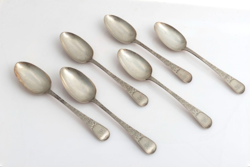 Set of six London made bright cut sterling silvertable spoons with CHANNEL ISLANDS over-struck marks for JEAN LE GALLAIS of Jersey, circa 1863, ​​​​​​​21.5cm long, 254 grams total