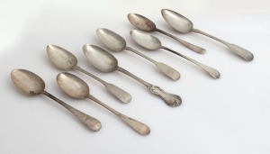 Eight assorted antique silver table and dessert spoons, CHANNEL ISLANDS made or over-struck, maker include PIERRE AMIRAUX, JEAN LE GALLAIS, THOMAS DE GRUCHY and JOHN LE GALLAIS, CHARLES WILLIAM QUESNEL, GEORGE MAUGER, and GEORGE HAMON, the larger 22cm long, 404 grams total