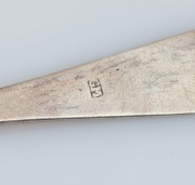 Eight assorted antique silver table and dessert spoons, CHANNEL ISLANDS made or over-struck, maker include PIERRE AMIRAUX, JEAN LE GALLAIS, THOMAS DE GRUCHY and JOHN LE GALLAIS, CHARLES WILLIAM QUESNEL, GEORGE MAUGER, and GEORGE HAMON, the larger 22cm lon - 2