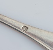 Eight assorted antique silver table and dessert spoons, CHANNEL ISLANDS made or over-struck, maker include PIERRE AMIRAUX, JEAN LE GALLAIS, THOMAS DE GRUCHY and JOHN LE GALLAIS, CHARLES WILLIAM QUESNEL, GEORGE MAUGER, and GEORGE HAMON, the larger 22cm lon - 7