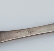 Eight assorted antique silver table and dessert spoons, CHANNEL ISLANDS made or over-struck, maker include PIERRE AMIRAUX, JEAN LE GALLAIS, THOMAS DE GRUCHY and JOHN LE GALLAIS, CHARLES WILLIAM QUESNEL, GEORGE MAUGER, and GEORGE HAMON, the larger 22cm lon - 8