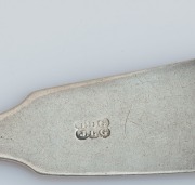 Eight assorted antique silver table and dessert spoons, CHANNEL ISLANDS made or over-struck, maker include PIERRE AMIRAUX, JEAN LE GALLAIS, THOMAS DE GRUCHY and JOHN LE GALLAIS, CHARLES WILLIAM QUESNEL, GEORGE MAUGER, and GEORGE HAMON, the larger 22cm lon - 9