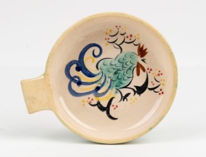 ARTHUR MERRIC BOYD AND JOHN PERCEVAL pottery ramekin with hand-painted cockerel, incised "A.M.B., J.P.", 14.5cm wide