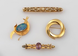 An antique 15ct Australian gold bar brooch with purple stone (4.4 grams); an Edwardian 9ct yellow gold bar brooch adorned with seed pearls (8.4 grams); an 18ct yellow gold brooch (5 grams); and an 18ct yellow gold and opal doublet brooch (5.9 grams), (4 items), the largest 6.6cm wide, 23.9 grams total