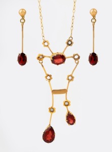 WILLIS & SONS of Melbourne antique 9ct gold, seed pearl and red stone negligee necklace with matching earrings, early 20th century, the pendant 6cm high, the chain 34cm long, 6 grams total