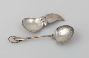 SARGISONS of Hobart, Australian silver caddy spoon and gumleaf spoon, 20th century, (2 items), both stamped "SARGISONS STG.", 9cm and 13cm long, 42 grams total