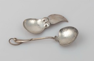 SARGISONS of Hobart, Australian silver caddy spoon and gumleaf spoon, 20th century, (2 items), both stamped "SARGISONS STG.", 9cm and 13cm long, 42 grams total