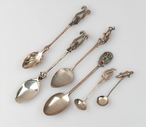Six assorted Australian silver spoons with native fauna decoration, the largest 12cm long, 62 grams total