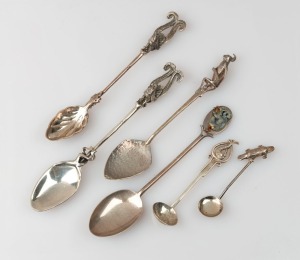 Six assorted Australian silver spoons with native fauna decoration, ​​​​​​​the largest 12cm long, 62 grams total