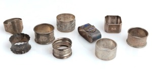 Nine assorted antique and vintage Australian and English sterling silver napkin rings, 19th and 20th century, makers include PROUDS, and ANGUS & COOTE of Sydney, 262 grams total
