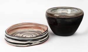 JANE SAWYER double walled pottery bowl and fruit bowl, both incised "Jane Sawyer", 23cm and 25cm wide