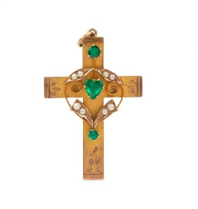 WILLIS & SONS of Melbourne antique 9ct yellow gold cross pendant, set with green stones and seed pearls, 19th century, stamped "9" flanked by pictorial marks, 5cm high overall, 4.4 grams
