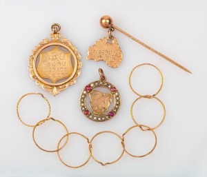 Federation Australian map stickpin by BRADSHAW, a 9ct map of Tasmania pendant with seed pearls and red stones, a 9ct rose gold fob by KERR of Sydney, together with a gold cluster ring, (4 items), 12 grams total