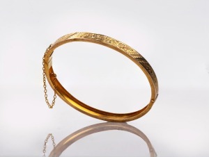 FISCHER of Geelong antique 15ct yellow gold bangle with engraved decoration, 19th century, ​​​​​​​6.2cm wide, 7 grams