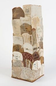 ARTIST UNKNOWN contemporary Australian studio pottery vase of square form with incised and pencil inscriptions including "Artists" and "Designers", 47cm high