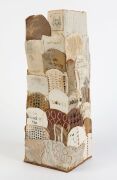 ARTIST UNKNOWN contemporary Australian studio pottery vase of square form with incised and pencil inscriptions including "Artists" and "Designers", 47cm high