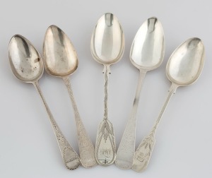 Five assorted antique CHANNEL ISLANDS silver tablespoons, Guernsey and Jersey makers, plus English made but Channel Islands retailed, 19th and 20th century, the largest 22.3cm long, 282 grams total